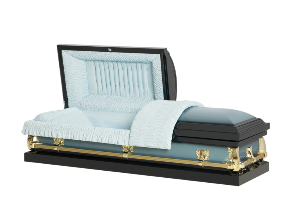Lenox Series Blue casket — light blue 20-gauge steel with blue crepe interior (view 2)