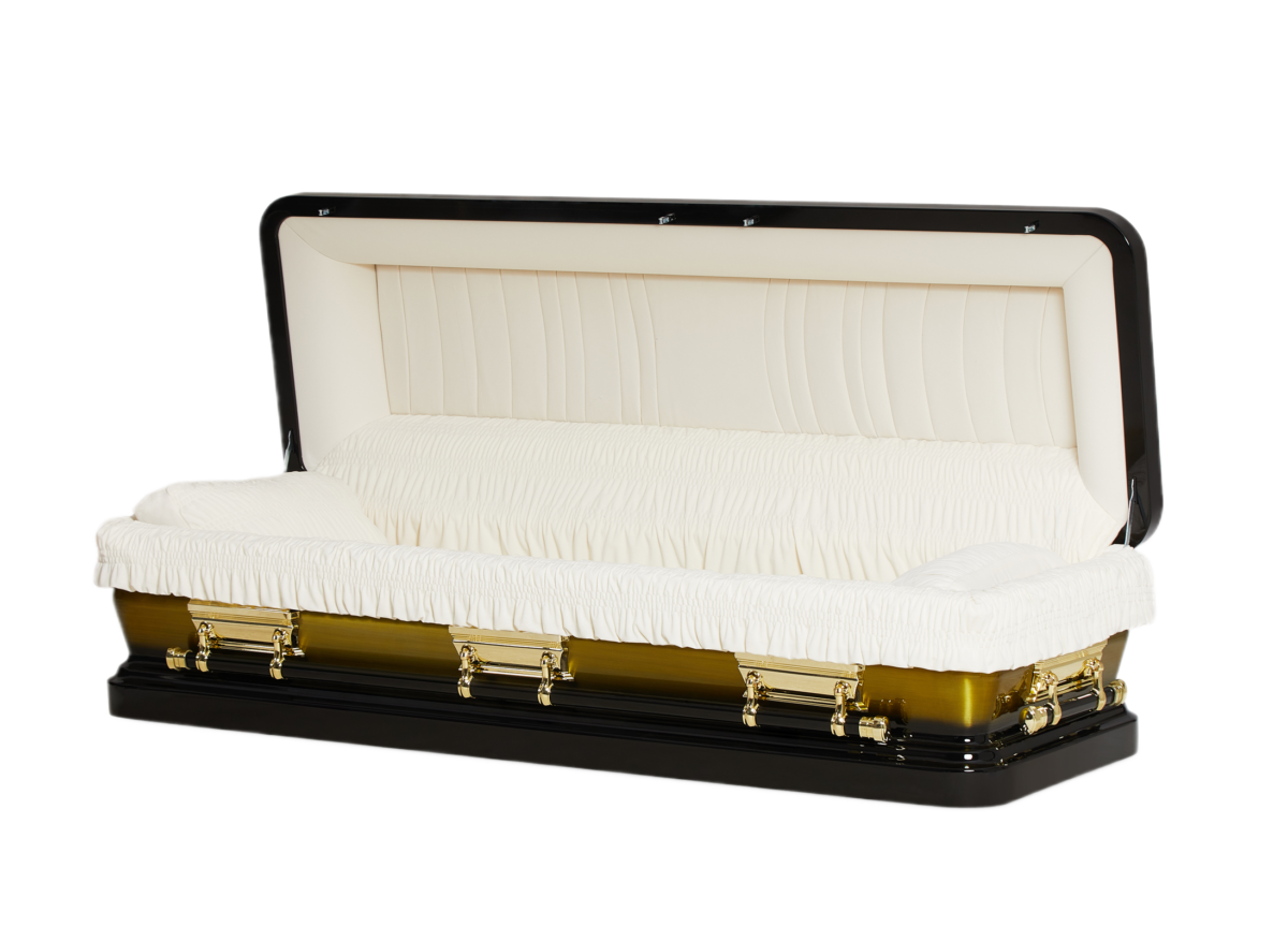 Discount Caskets Series Black and Gold Brush Full Couch — black 18-gauge steel with white velvet interior (view 2)