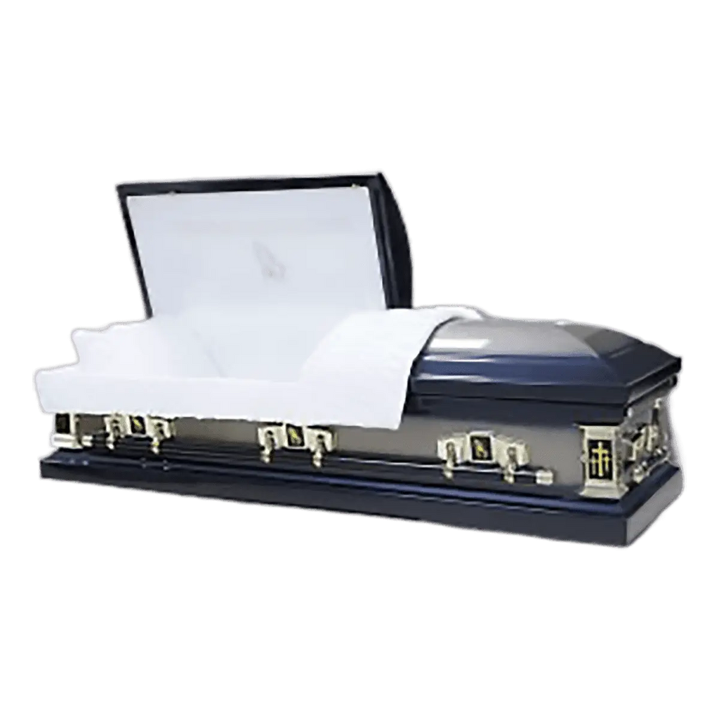Jupiter Series Blue Cross casket — blue 20-gauge steel with white crepe interior (view 3)