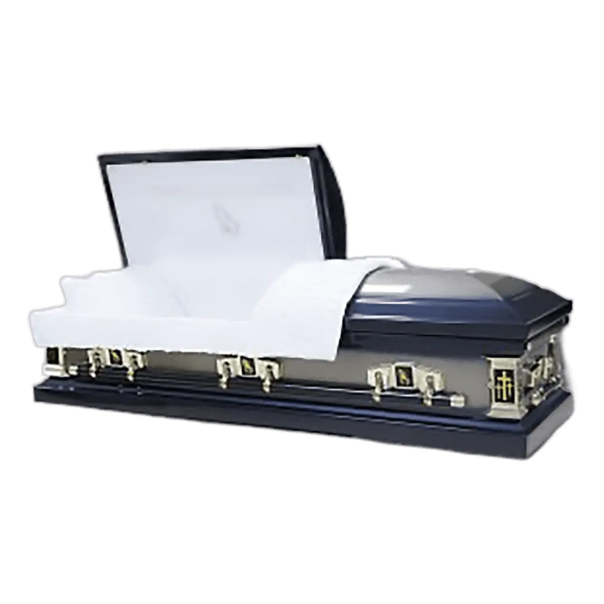 Jupiter Series Blue Cross casket — blue 20-gauge steel with white crepe interior (view 3)