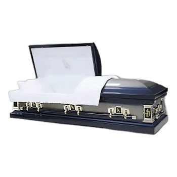 Sterling Blue Metal Casket For Sale with White Velvet Interior