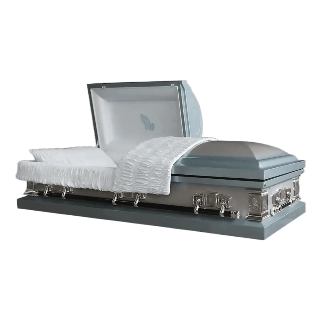 Jupiter Series Blue Mist casket — silver 20-gauge steel with blue crepe interior (view 2)