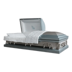 Jupiter Series Blue Mist casket — silver 20-gauge steel with blue crepe interior (view 2)