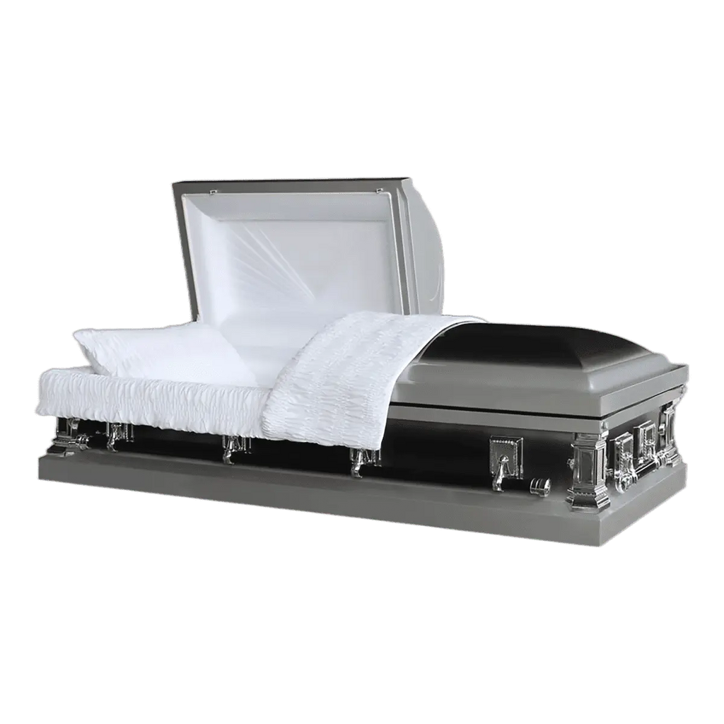 Jupiter Series Ebony casket — silver 20-gauge steel with white crepe interior (view 2)