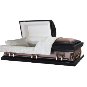 Jupiter Series Pieta casket — black 20-gauge steel with ivory crepe interior