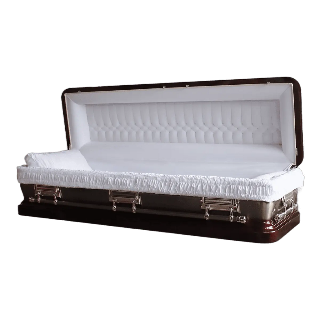 Discount Caskets Series Maroon Full Couch — brown 18-gauge steel with white velvet interior (view 2)