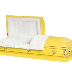 Clair Yellow casket — yellow 20-gauge steel with white crepe interior