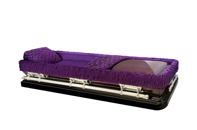 Apollo Series Full Couch Black and Purple casket — purple 18-gauge steel with purple velvet interior