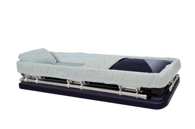 Apollo Series Full Couch Cobalt Blue casket — blue 18-gauge steel with blue velvet interior