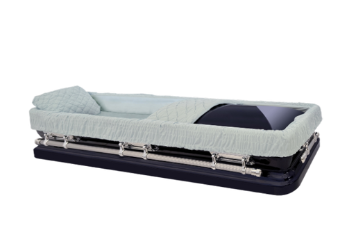 Apollo Series Full Couch Cobalt Blue casket — blue 18-gauge steel with blue velvet interior