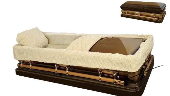 Apollo Series Full Couch Copper and Gold Casket — copper 18-gauge steel with ivory velvet interior (view 2)