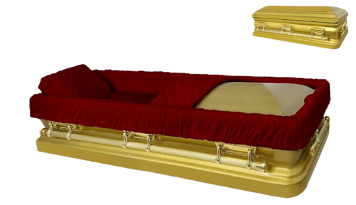 Apollo Series Full Couch Gold Casket — gold 18-gauge steel with purple velvet interior (view 2)