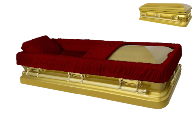 Apollo Series Full Couch Gold Casket — gold 18-gauge steel with purple velvet interior