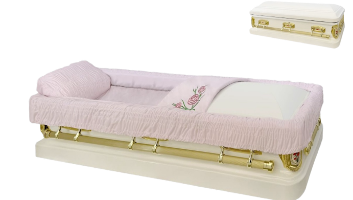 Apollo Series Full Couch Primrose Casket — white 18-gauge steel with pink velvet interior