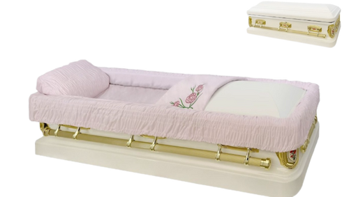 Apollo Series Full Couch Primrose Casket — white 18-gauge steel with pink velvet interior