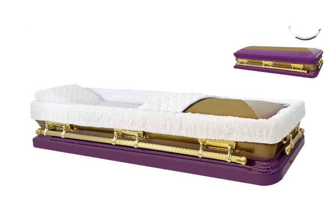 Apollo Series Full Couch Purple casket — purple 18-gauge steel with white velvet interior