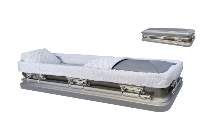Apollo Series Full Couch Silver casket — silver 18-gauge steel with white velvet interior (view 2)