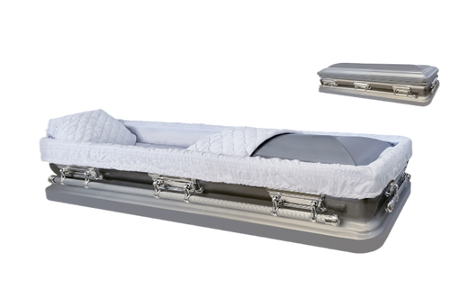 Apollo Series Full Couch Silver casket — silver 18-gauge steel with white velvet interior (view 2)