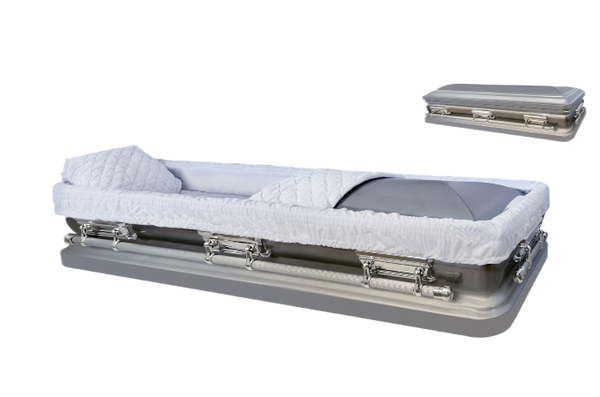 Apollo Series Full Couch Silver casket — silver 18-gauge steel with white velvet interior