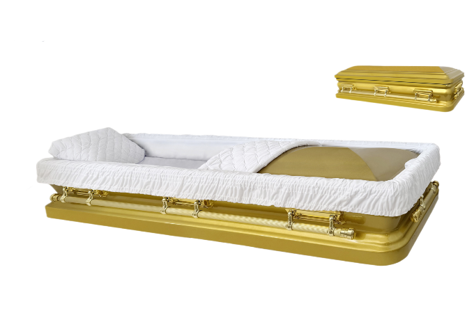 Apollo Series Full Couch White/Gold casket — gold 18-gauge steel with white velvet interior