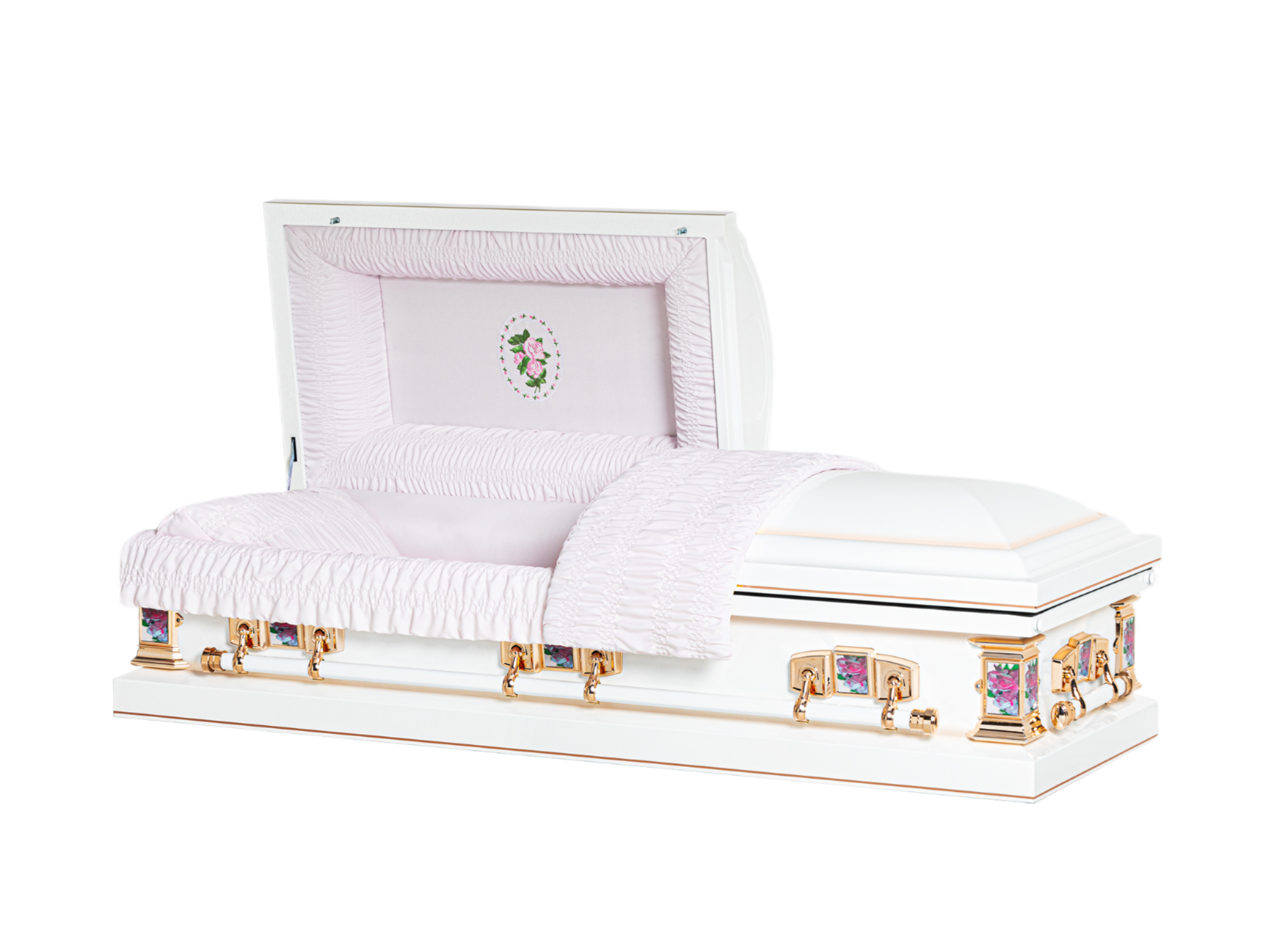 Athena Casket — white 18-gauge steel with moss pink crepe interior