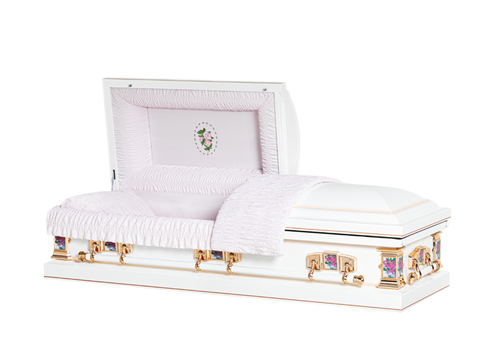 Athena Casket — white 18-gauge steel with moss pink crepe interior