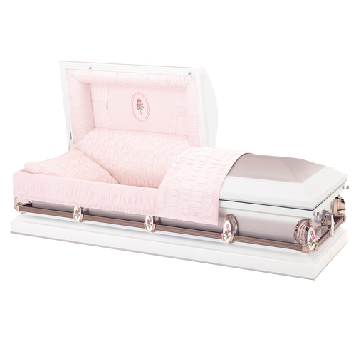 Athena Casket — white 18-gauge steel with moss pink crepe interior (view 2)