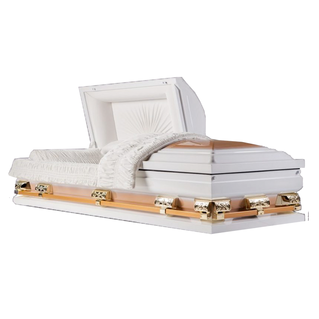 Discount Caskets Series Oversize Casket White/Gold — gold 18-gauge steel with white velvet interior