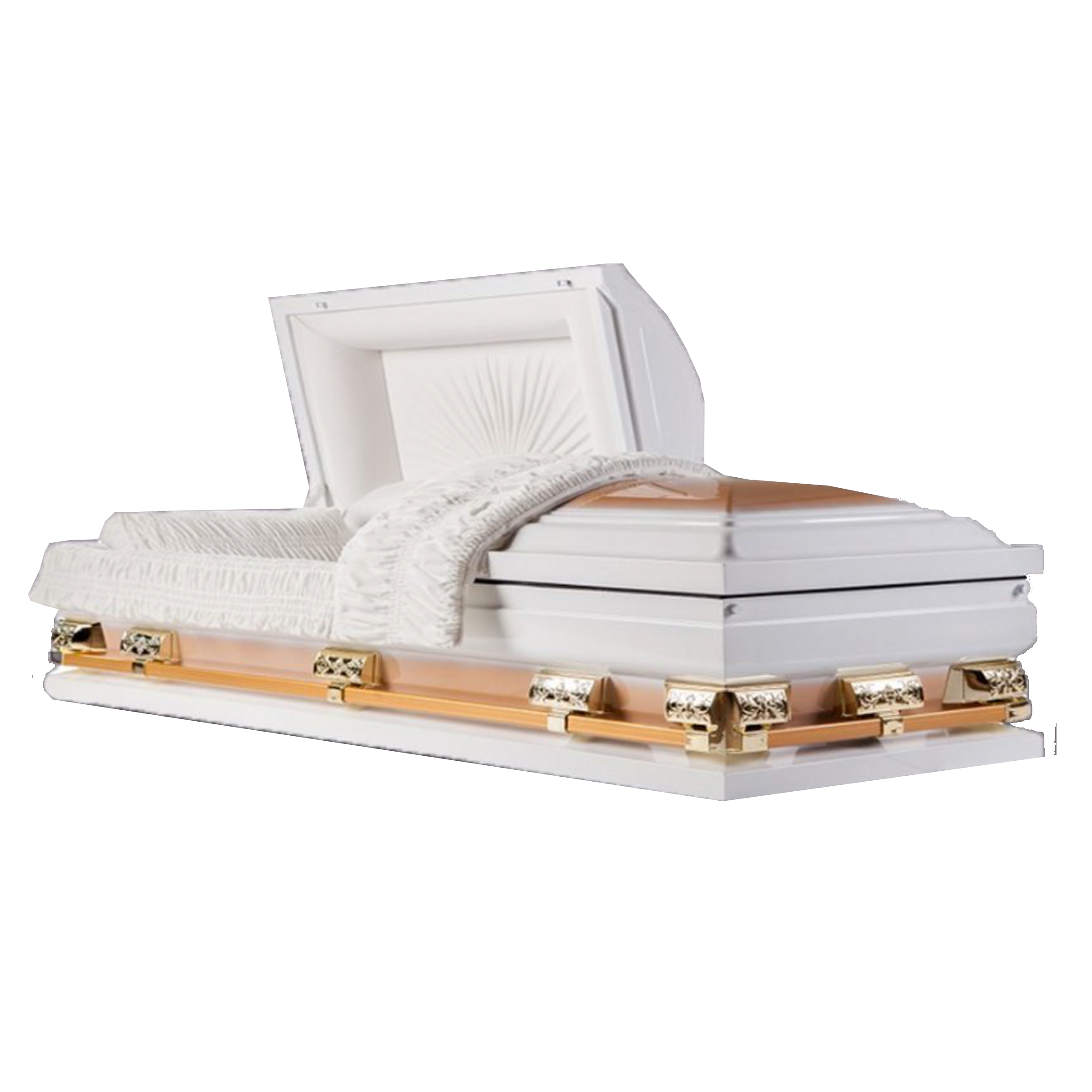 Discount Caskets Series Oversize Casket White/Gold — gold 18-gauge steel with white velvet interior