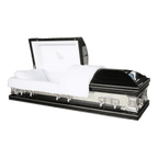 Orion Series Black Mirror casket — black 18-gauge steel with white velvet interior