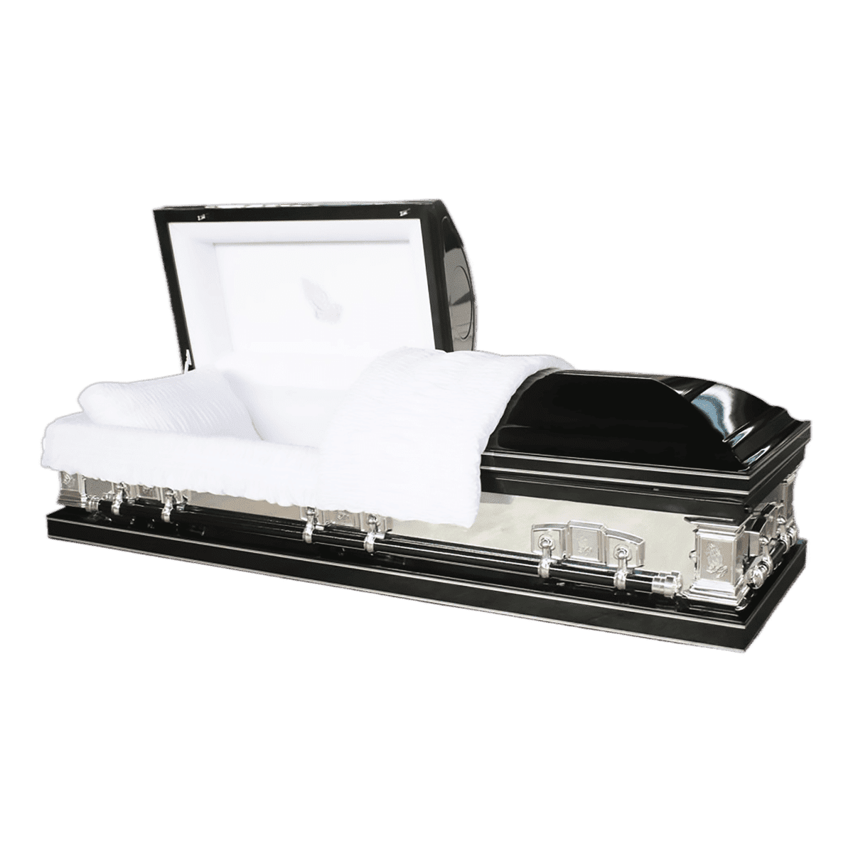 Orion Series Black Mirror casket — black 18-gauge steel with white velvet interior