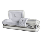 Orion Series Blue Rose casket — white 18-gauge steel with white velvet interior
