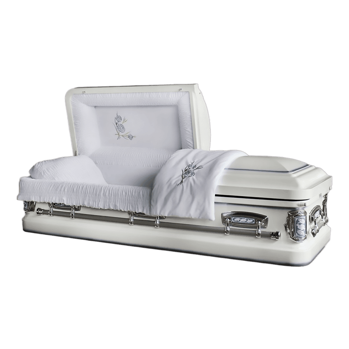 Orion Series Blue Rose casket — white 18-gauge steel with white velvet interior