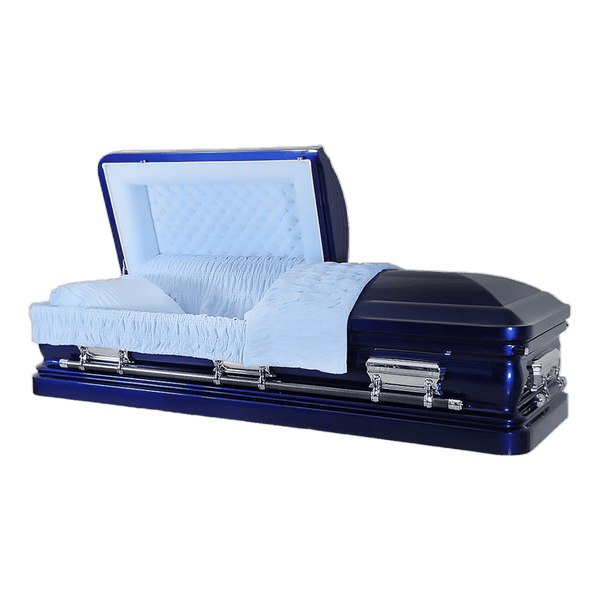 Orion Series Cobalt Blue casket — blue 18-gauge steel with blue velvet interior