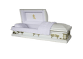 Orion Series Golden Cross casket — white 18-gauge steel with white velvet interior