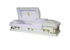 Orion Series Golden Cross casket — white 18-gauge steel with white velvet interior