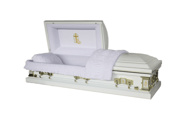 Orion Series Golden Cross casket — white 18-gauge steel with white velvet interior