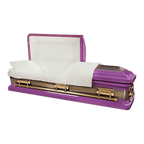 Orion Series Lilac Gold casket — purple 18-gauge steel with white velvet interior