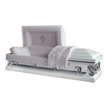 Orion Series Mirror Pink casket — white 18-gauge steel with pink velvet interior