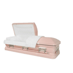 Orion Series Pink casket — pink 18-gauge steel with white velvet interior
