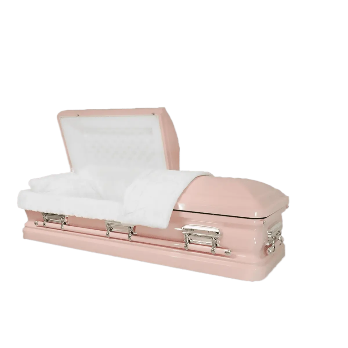 Orion Series Pink casket — pink 18-gauge steel with white velvet interior