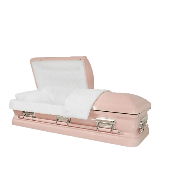 Orion Series Pink casket — pink 18-gauge steel with white velvet interior