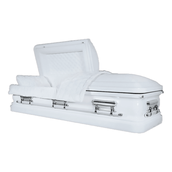 Orion Series Pure White casket — white 18-gauge steel with white velvet interior