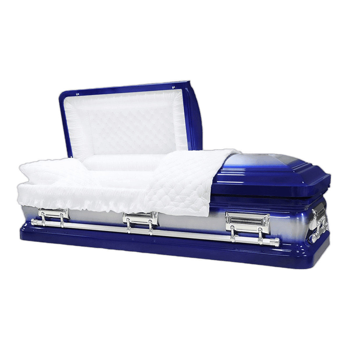 Orion Series Royal Blue casket — blue 18-gauge steel with white velvet interior