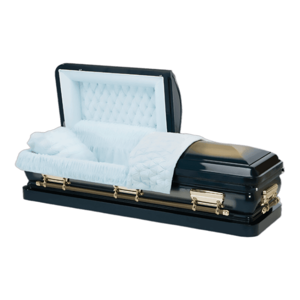 Orion Series Sapphire Blue casket — blue 18-gauge steel with blue velvet interior