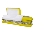 Orion Series Yellow casket — yellow 18-gauge steel with white velvet interior