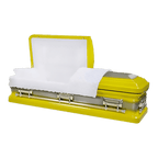 Orion Series Yellow casket — yellow 18-gauge steel with white velvet interior