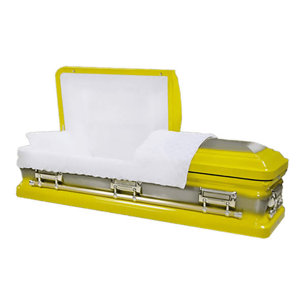 Orion Series Yellow casket — yellow 18-gauge steel with white velvet interior