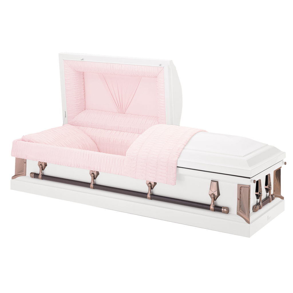 Batesville Carnation Mist Casket — white 20-gauge steel with moss pink crepe interior (view 2)