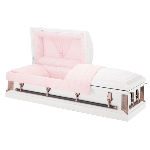 Batesville Carnation Mist Casket — white 20-gauge steel with moss pink crepe interior (view 2)